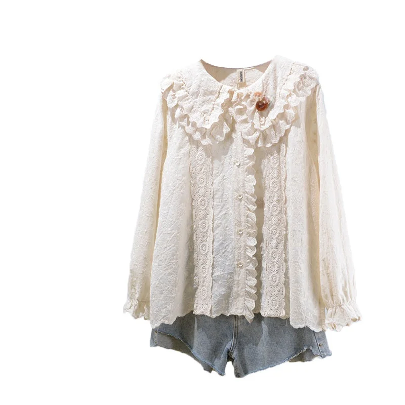 Frühling 202 Süßes, lockeres Baumwollkleid für Damen mit besticktem Puppenkragen, Spitzeneinsatz und langen Ärmeln im geraden Schnitt