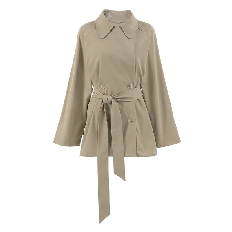 For Women Mid-length Khaki Jacket with Lace-up Autumn Long-sleeved Coat Fashion Simple New Cross-border Design Style Trench Coat