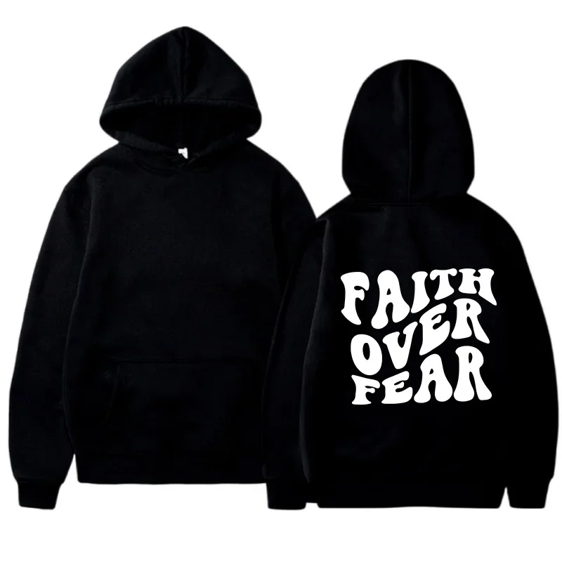 FAITH OVER FEAR Women Plush Sweatshirt Solid Color Letter Print Kangaroo Pocket Drawstring Print Hoodie