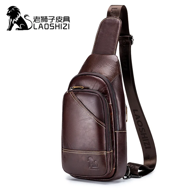 

LAOSHIZI Men's Brand Chest Bag 100% Genuine Leather Shoulder Bag Husband Side Bag for Men Messenger Bag Travel Men Designer Bag