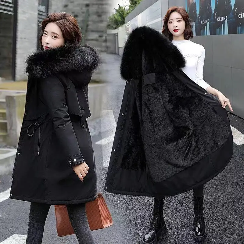 Women Parka Furry Wool Liner Hooded Parkas 2026 Winter Jacket Fur Collar Thick Plush Lining Cotton Coat Warm Snow Padded Clothes