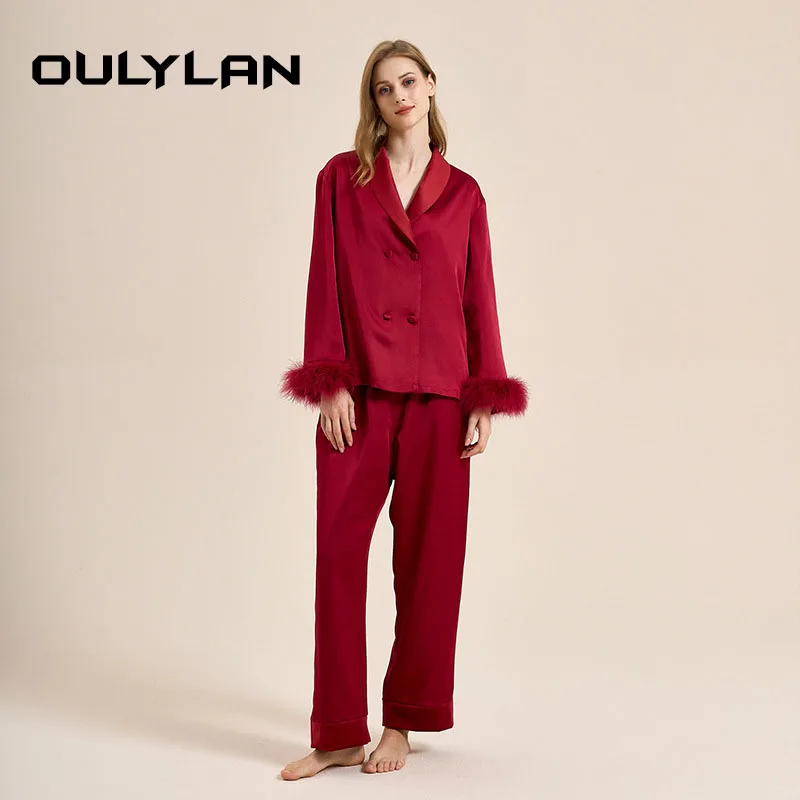 Long Sleeve Trouser Suits Nightwear High Quality Plush Thick Insulation Double Breasted Flip Collar Home Clothes Pajamas Set