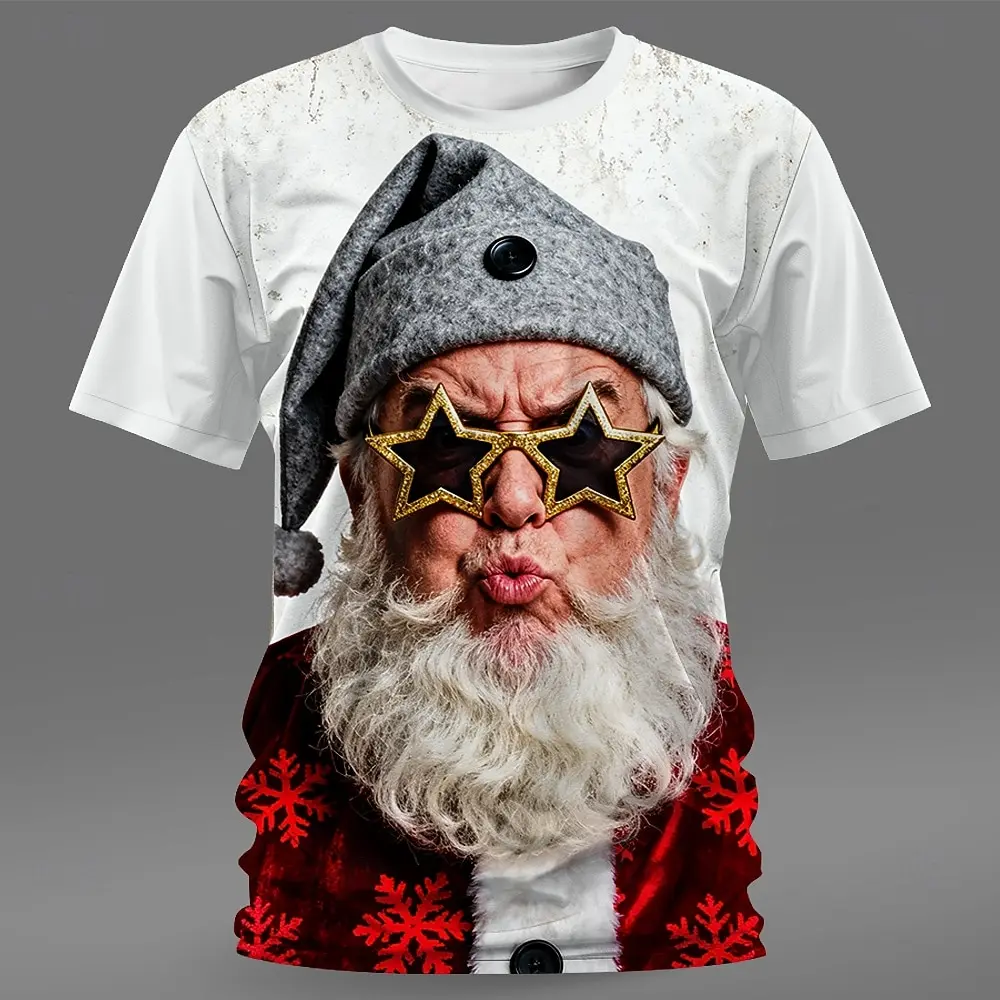 

3D printed T-shirt with quirky Santa Claus pattern design, casual round neck short sleeved T-shirt, autumn fashion top