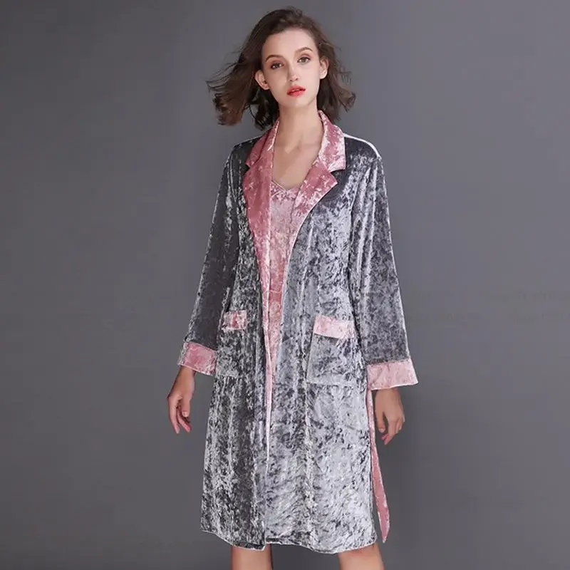 

Female Nighty&Robe Set New Velvet Sleepwear Nightgown Sexy Patchwork Bathrobe Kimono Gown with Pocket Casual Velour Home Dress