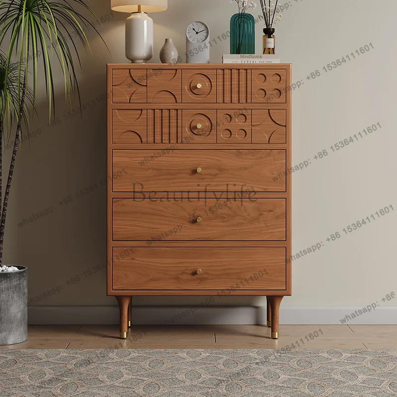 

Nordic retro style chest of drawers solid wood living room bedroom antique carved side cabinet