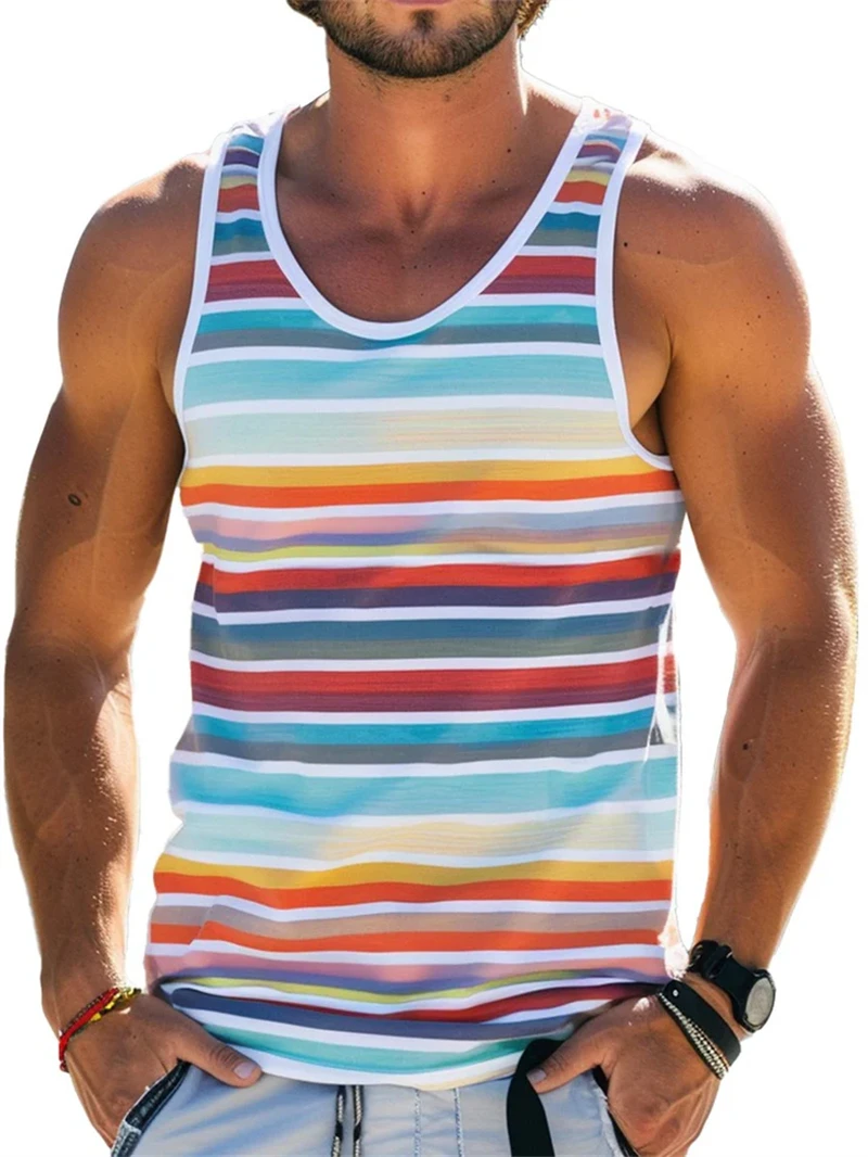 

Simple Colorful Stripe Print Tank Tops For Male Summer Daily Casual Sports Sleeveless Vest Loose O-Neck Quick Dry Breathable Top