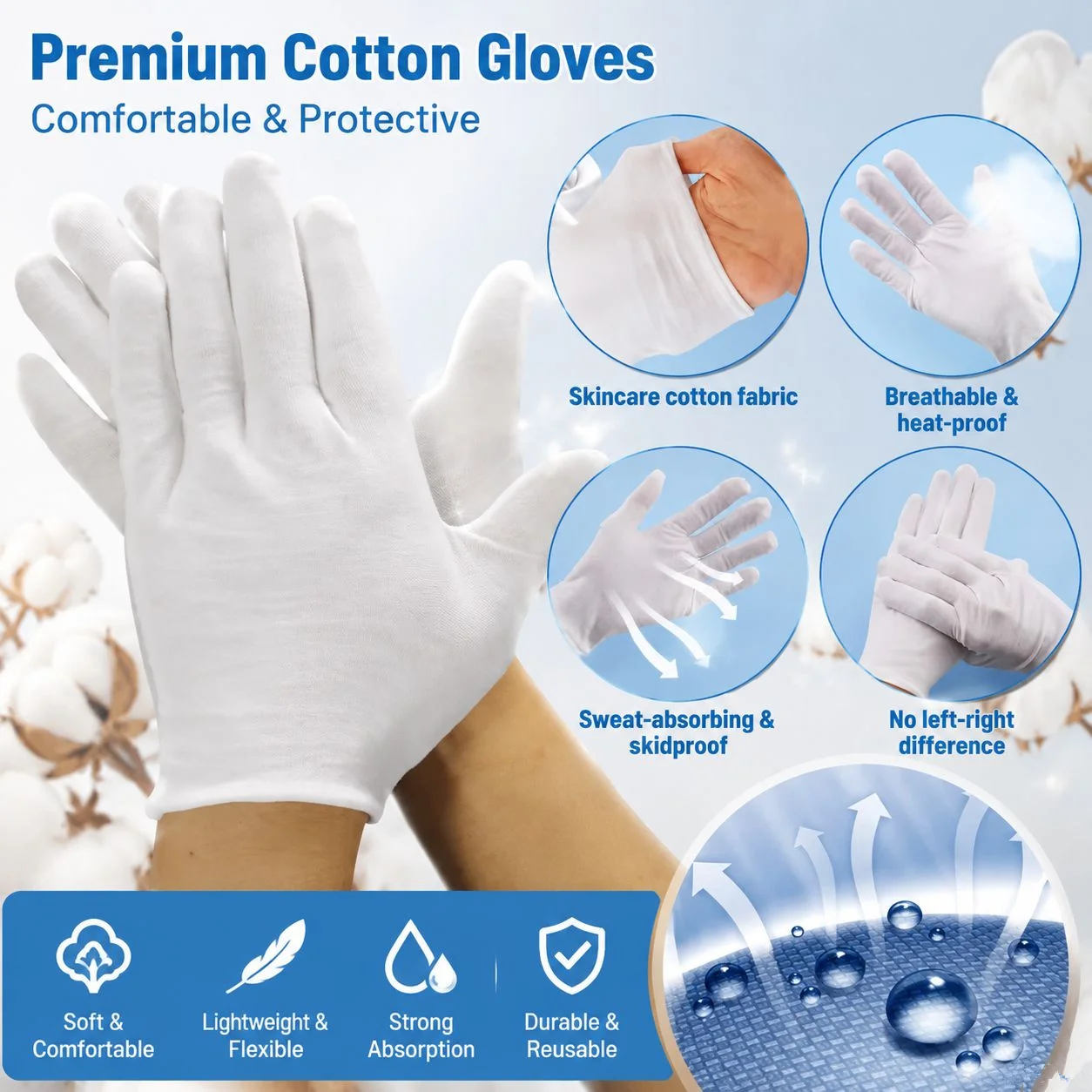 10Pcs White Cotton Work Gloves for Dry Hands Handling Film SPA Gloves Ceremonial High Stretch Gloves Household Cleaning Tools
