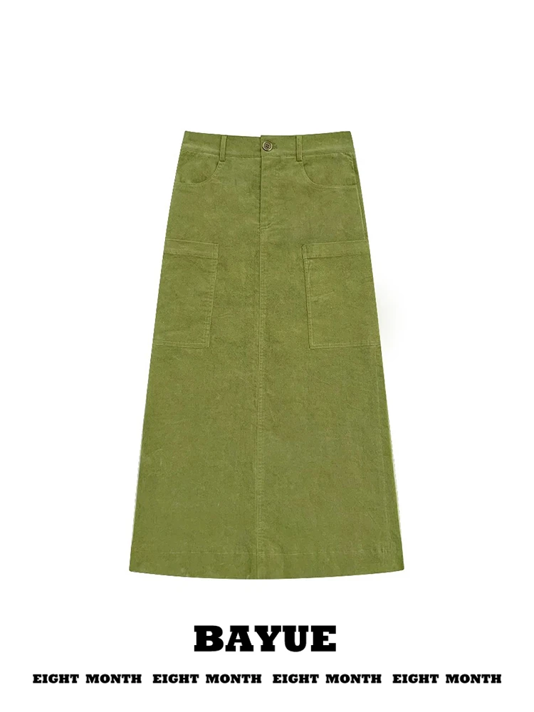 Green Avocado Corduroy Workwear Half Skirt High Waist A-Line Midi with Large Pockets for Women Autumn Winter Vintage Slim Fit