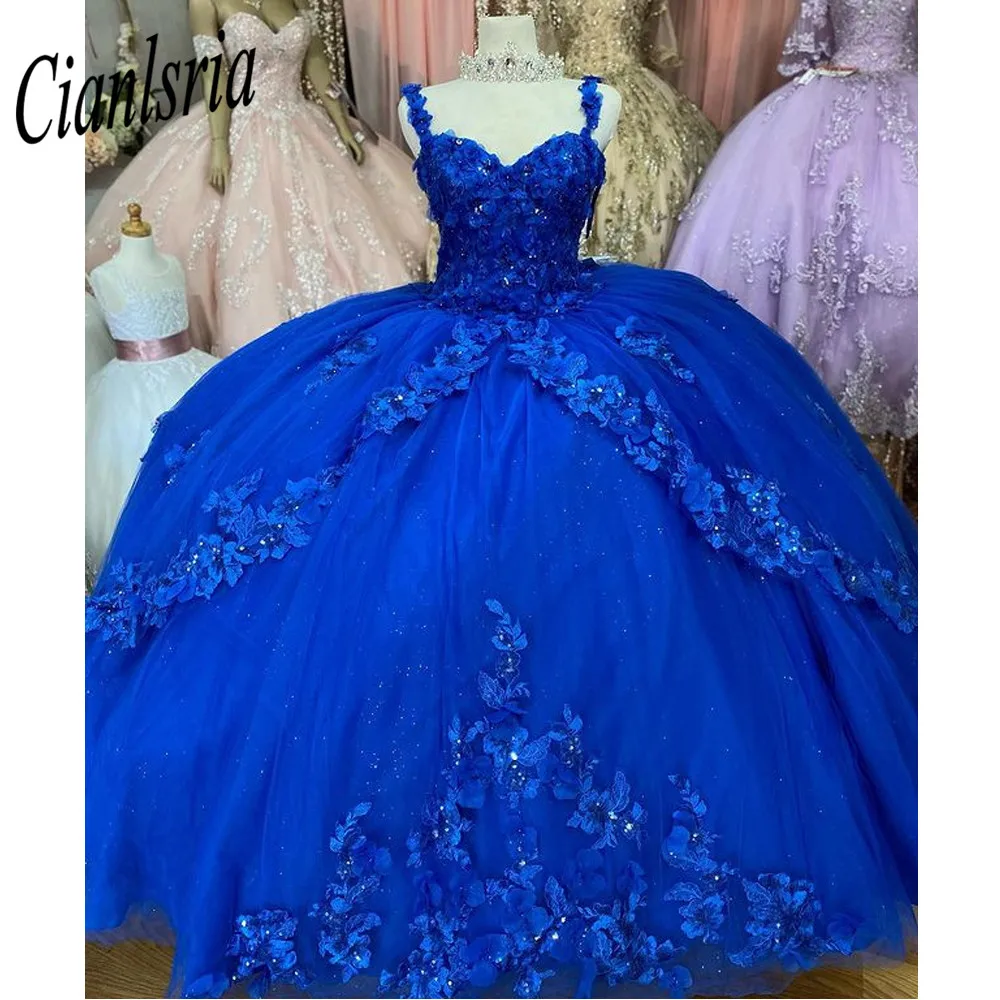 Vestido de baile de princesa, quinceañera, brillante, con Apliques de encaje, azul real, dulce, 16 vestidos formales para baile de graduación, desfile