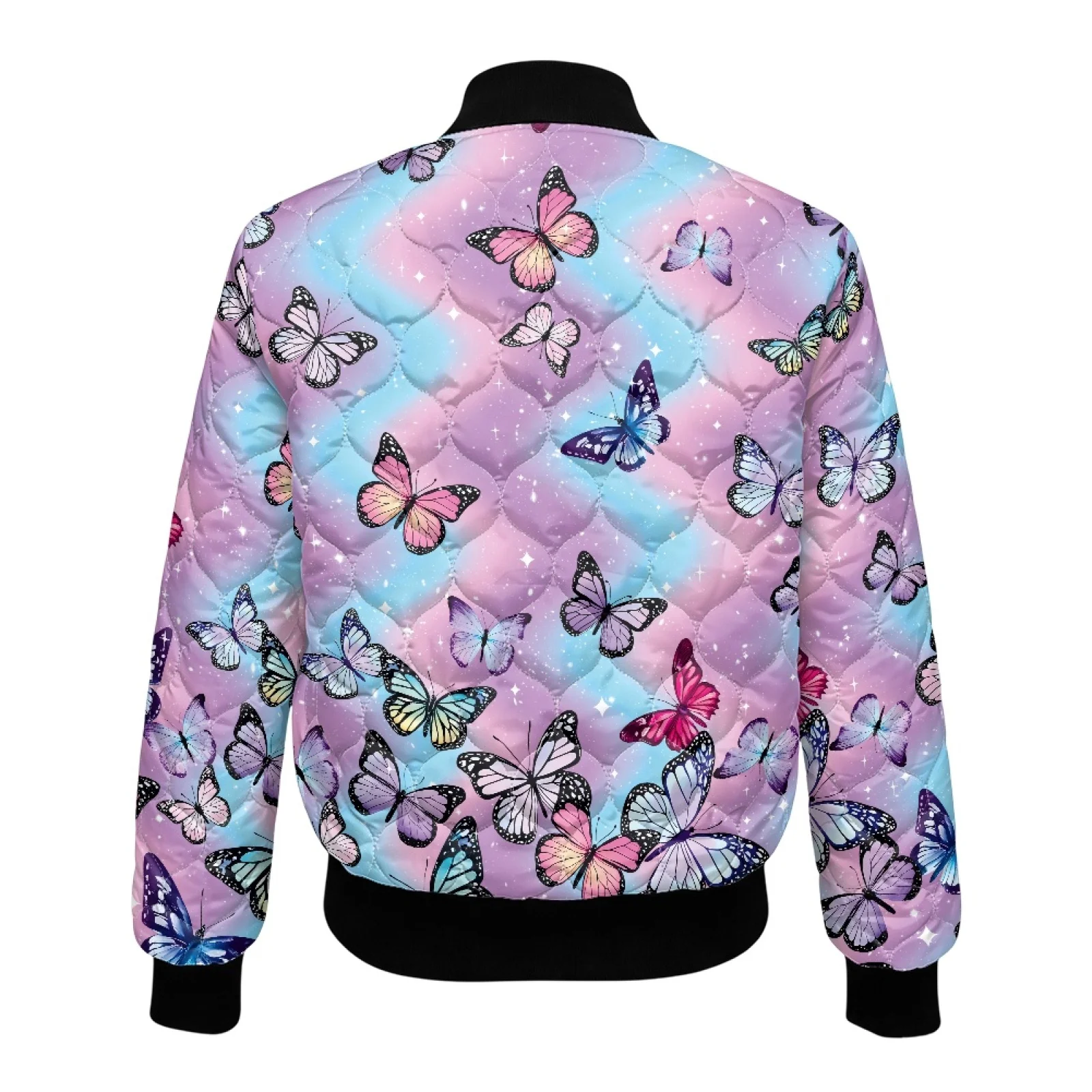 PENSTROLL Butterfly Pattern Women Casual Quilted Zip up Bomber Jacket Water-Resistant Winter Outerwear Coats for Party