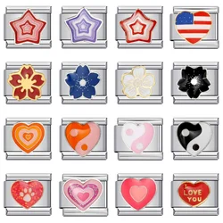 Colorful Romantic Y2k Cute Heart Star Tai Chi Flower Italian Charm Links Fit 9mm Stainless Steel Bracelet Jewelry DIY Making