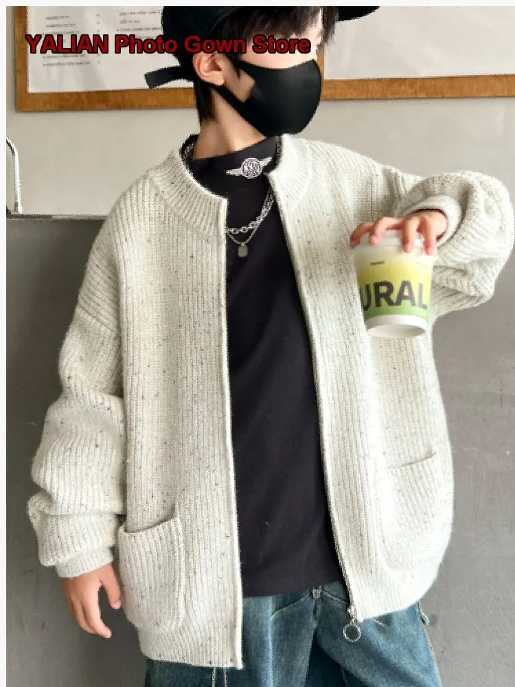 Boys Round Neck Knit Jacket Boys Autumn 2026 Older Kids Solid Color Thin Breathable