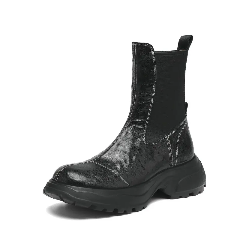 

Women Ankle Genuine Leather Chelsea Boots with Sewing British Style Platform Boots Autumn - winter