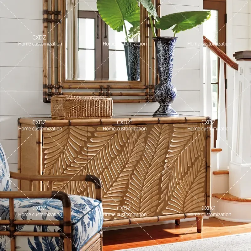 Tropical Island Style Solid Wood Carving Bamboo Joint Entrance Decorative Cabinet Foyer Locker Art Furniture Customization