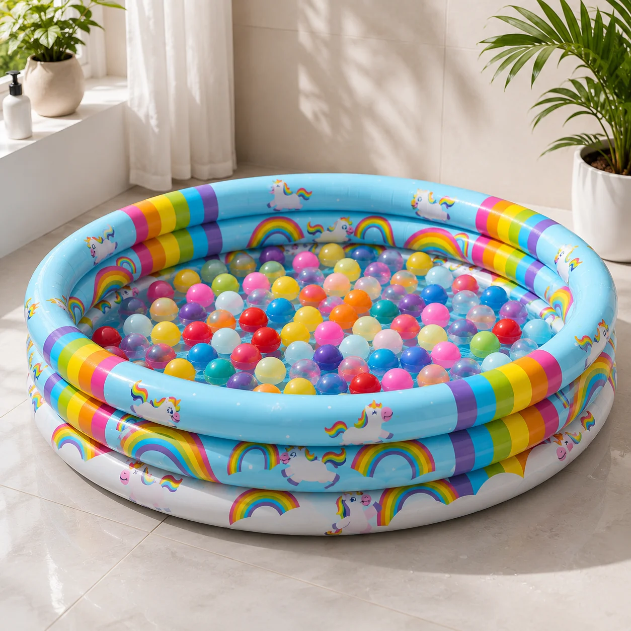 Inflatable Ball Pit Rainbow Unicorn 3 Ring Portable Play Pool Easy Inflate Indoor Outdoor Garden Backyard