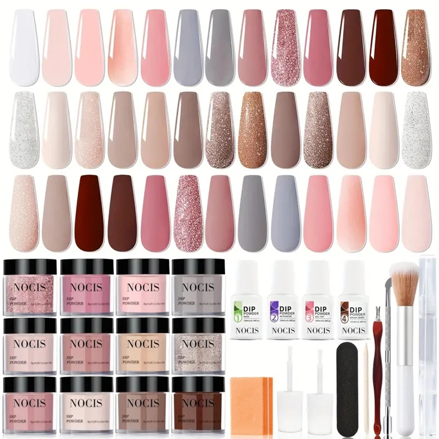 طقم مسحوق غمس 33 قطعة، 20 لونًا من الأكريليك الوردي والرمادي، نظام مسحوق غمس أساسي مع قاعدة ومعطف علوي #1