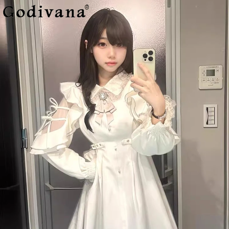 الخريف النمط الياباني القوس فستان المرأة تصميم واضح كم طويل الخصر Cinching فستان الإناث ارتداء اليومي لوليتا فستان الأميرة #4