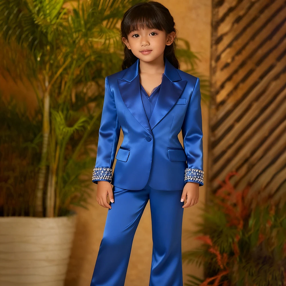 

Royal Blue Girls Suits Blazer Formal One-Button Peak Lapel Slim Fit 2 Piece Jacket Pants Sets Customized Crystal Kids Outfits