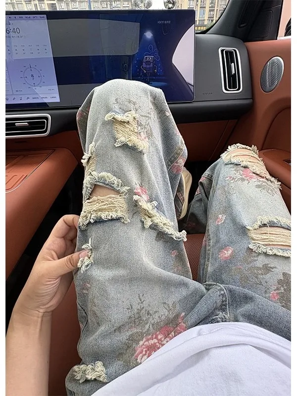 

American Sle Floral Hole Denim Jeans Men's Autumn Summer Design Street Cool Loose Straight Tube Poor Man's Pants