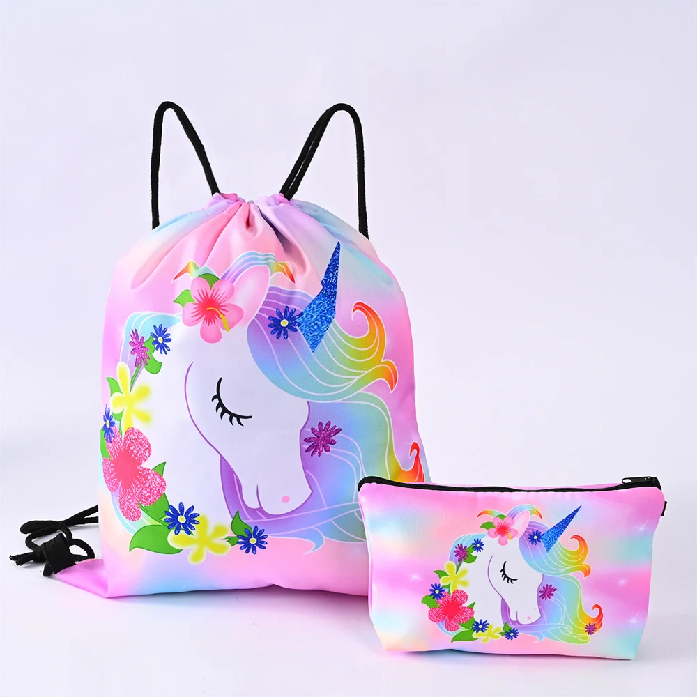 Children Cartoon Oxford Cloth Unicorn Drawstring Pocket Large-capacity Waterproof Travel Storage Bag Backpack and Clutch Bag Set