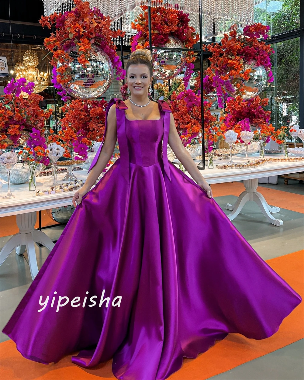 Vestido largo plisado con lazo de satén, traje de graduación con corte en A, cuello cuadrado, a medida, para ocasiones