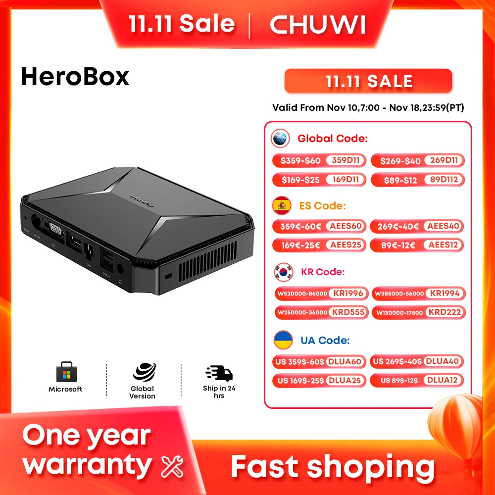 CHUWI Herobox Mini PC Intel 12a generazione N100 Quad Core 8 GB RAM 256G SSD WiFi 6 BT5.2 Gigabit Ethernet VESA Fino a 2 TB SSD Windows 11