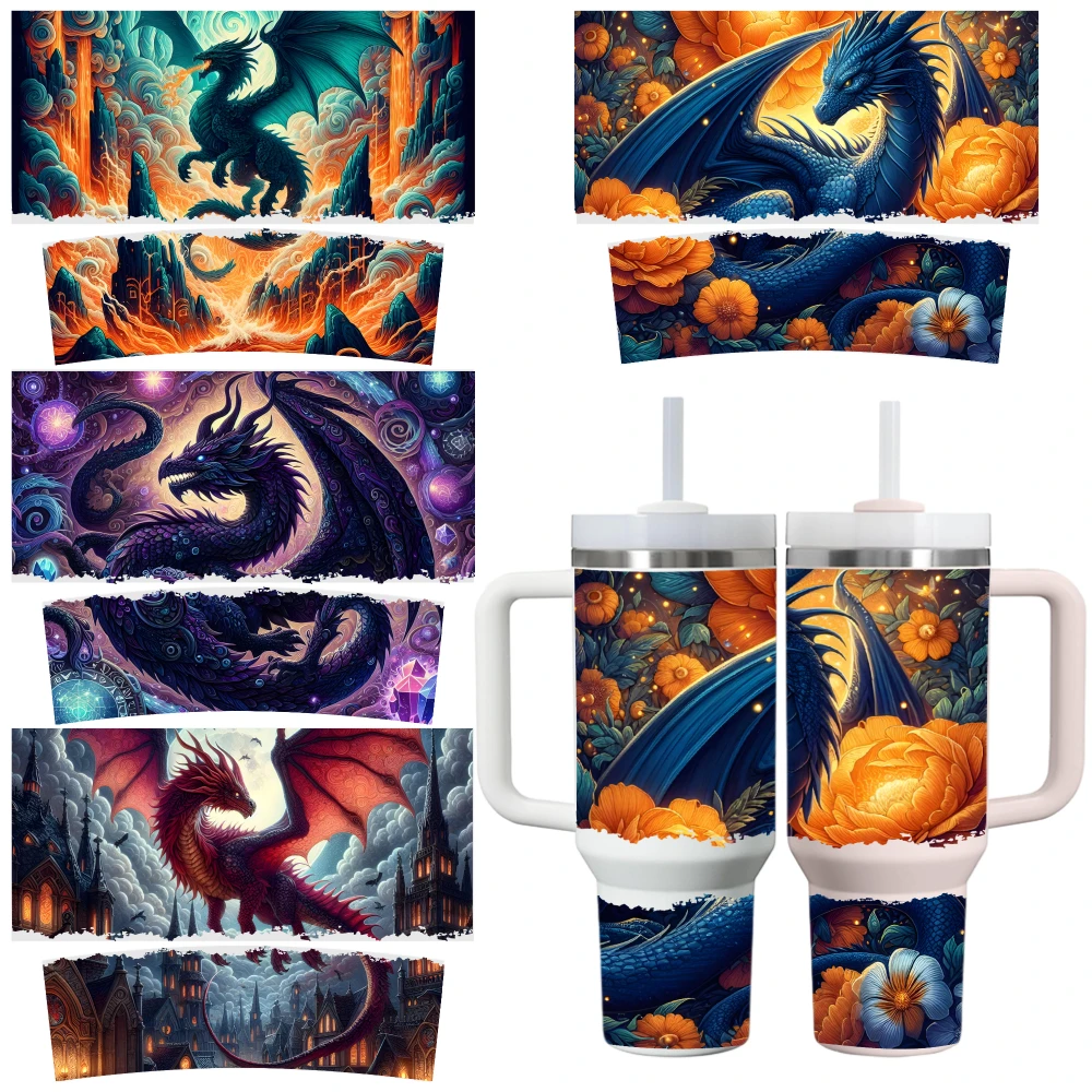 4 Sheets Dragon Fantasy Art UV DTF Stickers for 40oz Tumblers UV DTF Adhesive Waterproof DIY Cup And Mug Transfer Appliques