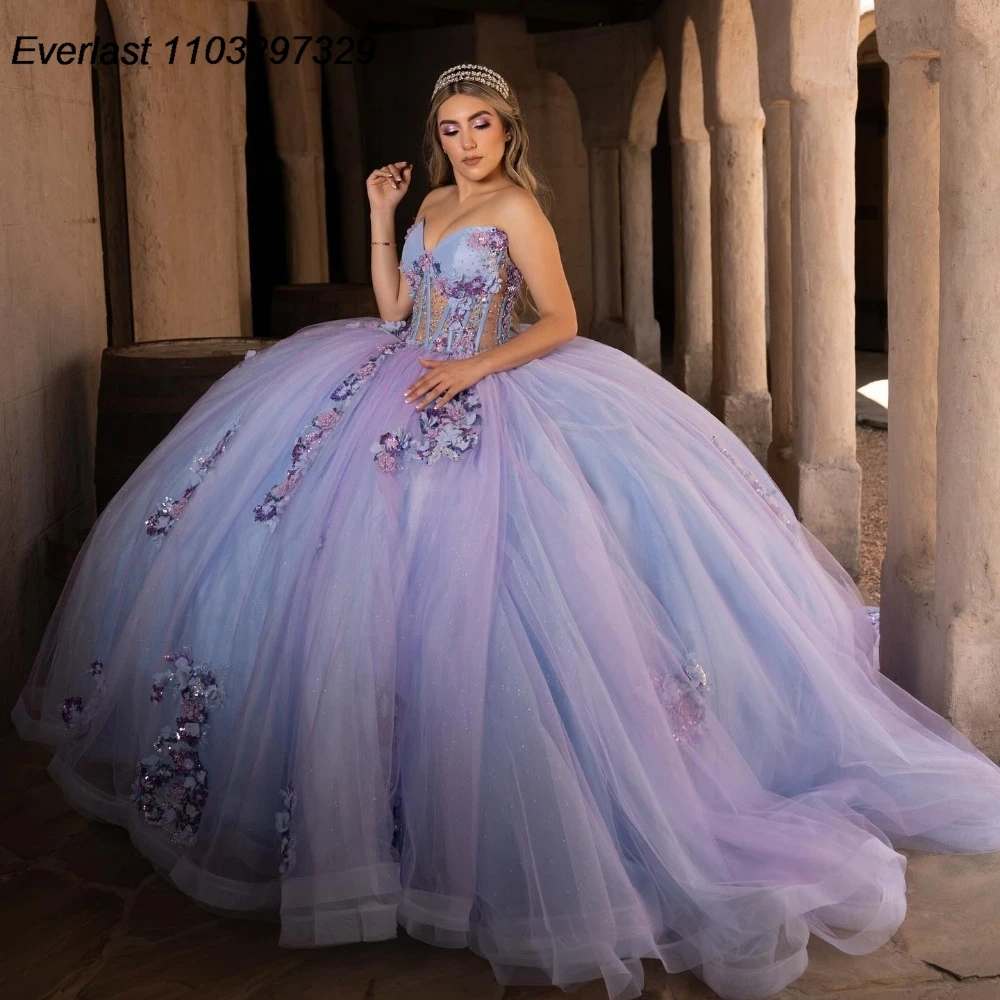 

EVLAST Shiny Purple Quinceanera Dress Ball Gown 3D Floral Applique Beading Mexican Corset Sweet 16 Vestido De 15 Anos QD1018