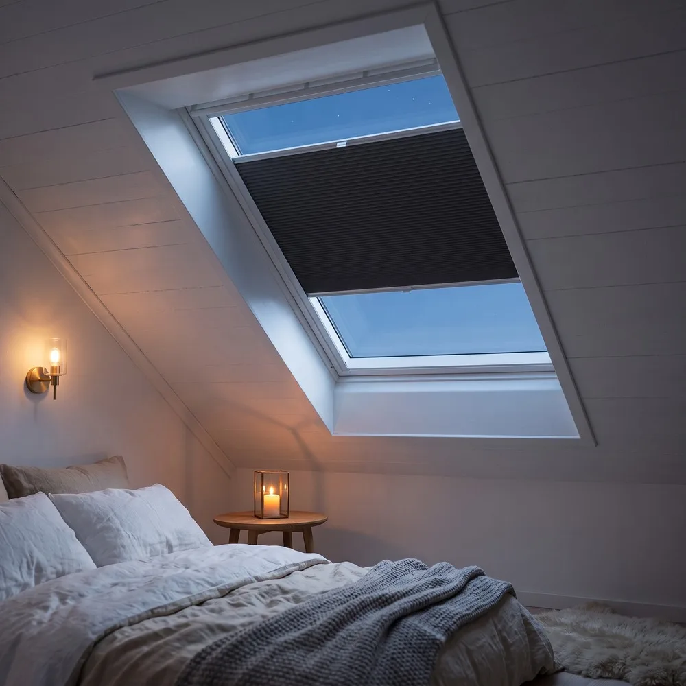 Full Blackout Motorized Honeycomb Blind for Skylight Roof Window, Solar Powered Cellular Shade, Tuya App Remote Control