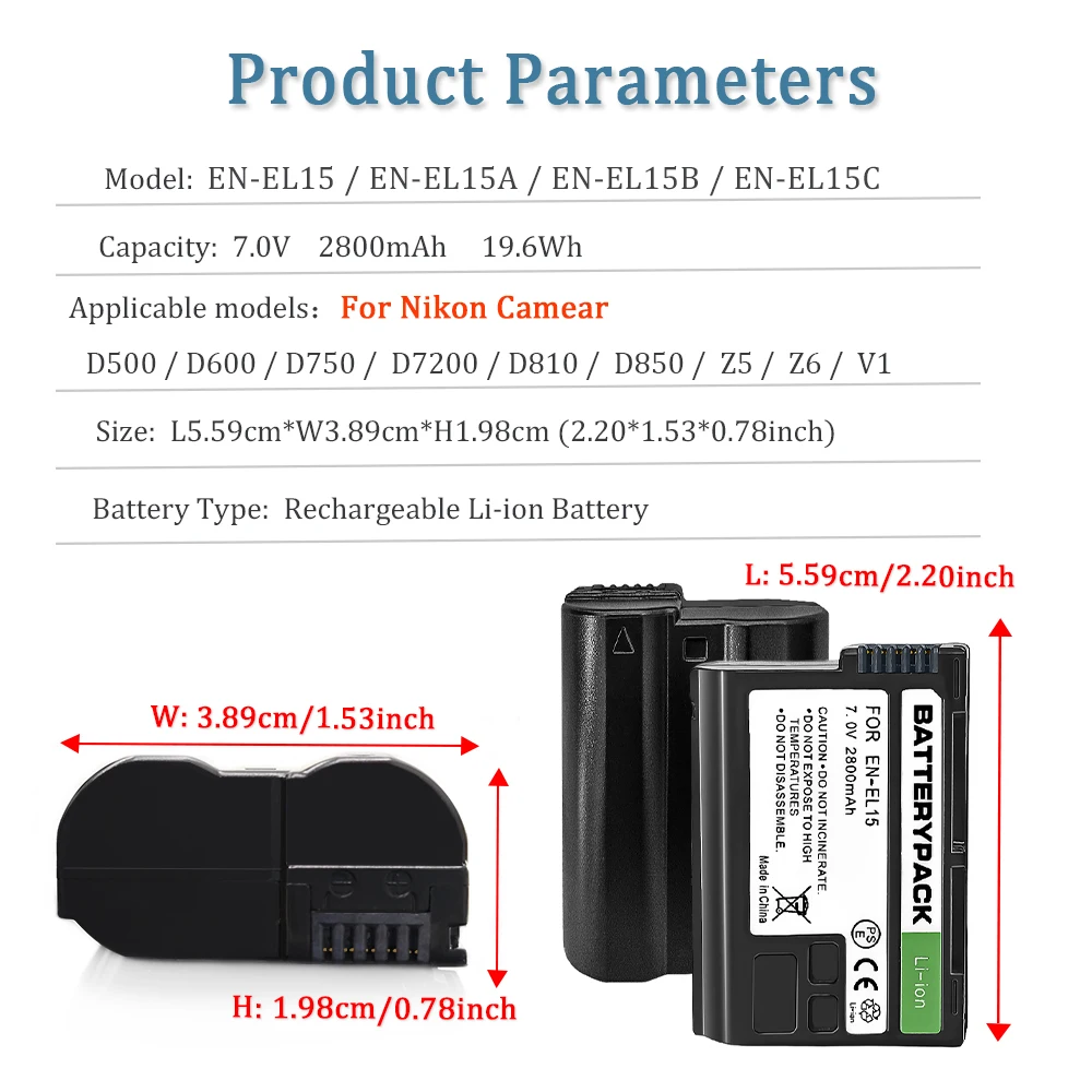 2pcs EN-EL15 ENEL15 EL15A EL15 Battery 2800mAh for Nikon 1V1,Z5,Z6,Z6 II,Z7,Z7II,D780,D850,D7500,D500,D600 Camera Batterie