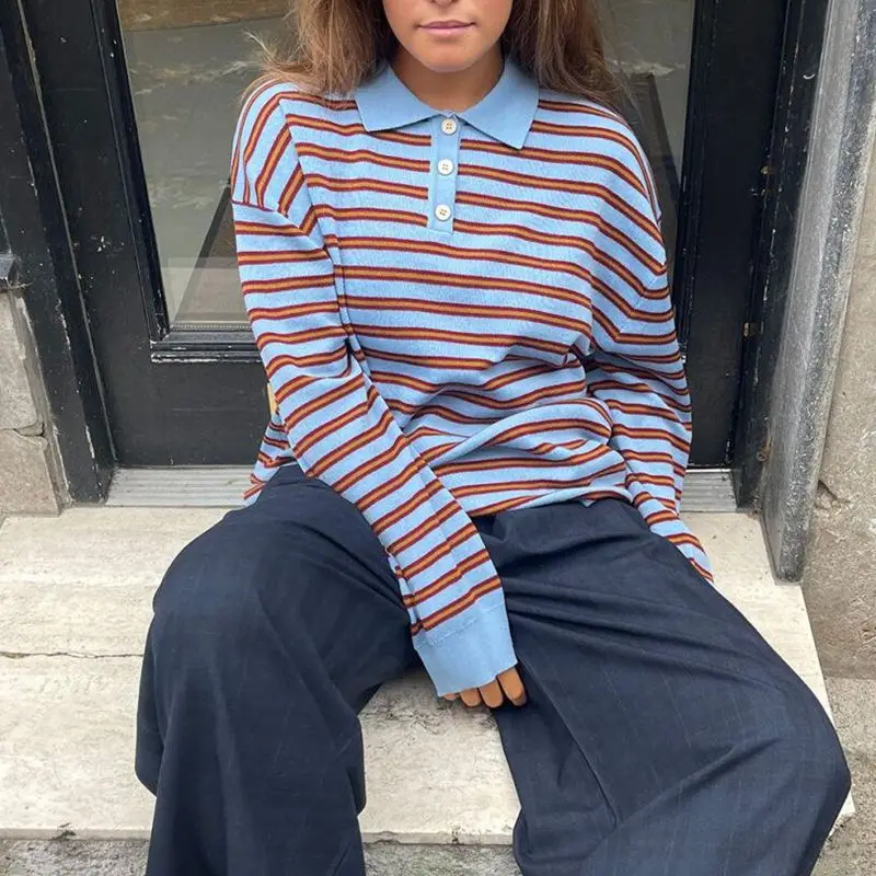 Haut Rayé Pour Femme - Couleur Contrastée Élégant Col Rond Y2K - Pull Rayé Doux Printemps Sport Quotidien