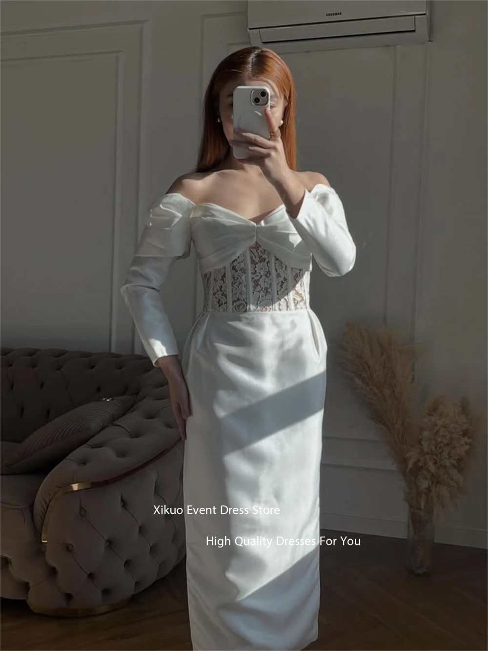 Xikuo Glamouröse schulterfreie Brautkleider mit Applikationen, gerüschte Satin-Abiballkleider, lange Länge, Vestidos De Fiesta, individuell gestaltet