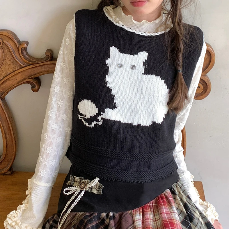 Vintage Sweet Sweater Vest Women Kawaii Cat Knitted Waistcoat Streetwear Fashion Tank Tops Autumn Winter Harajuku Y2k Knit Vests