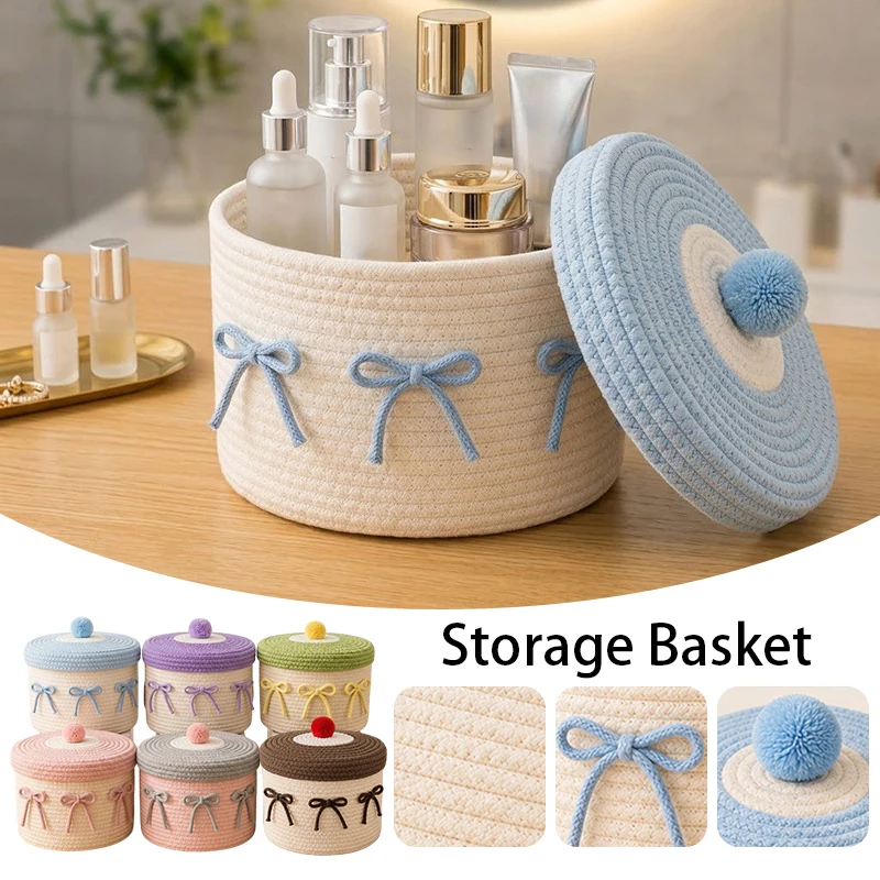 Cute Cake Shape Cotton Rope Storage Basket with Lid Bow Decor Dustproof Organizer for Cosmetics Desktop Sundries Home Use