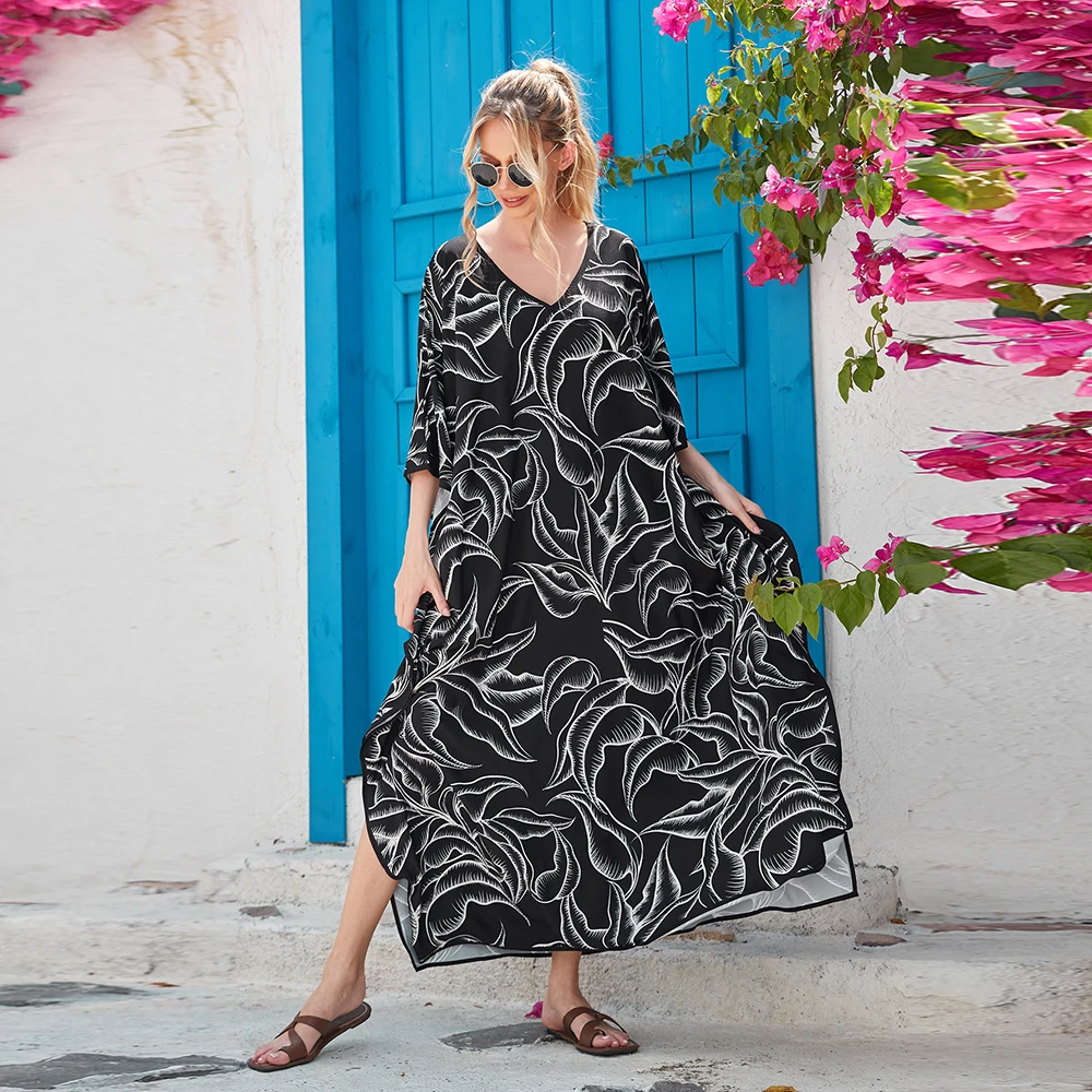 ชุดคลุมคาฟทันไซส์ใหญ่ ลายใบไม้ - Cover Up Kaftan บทวิจารณ์และราคา
