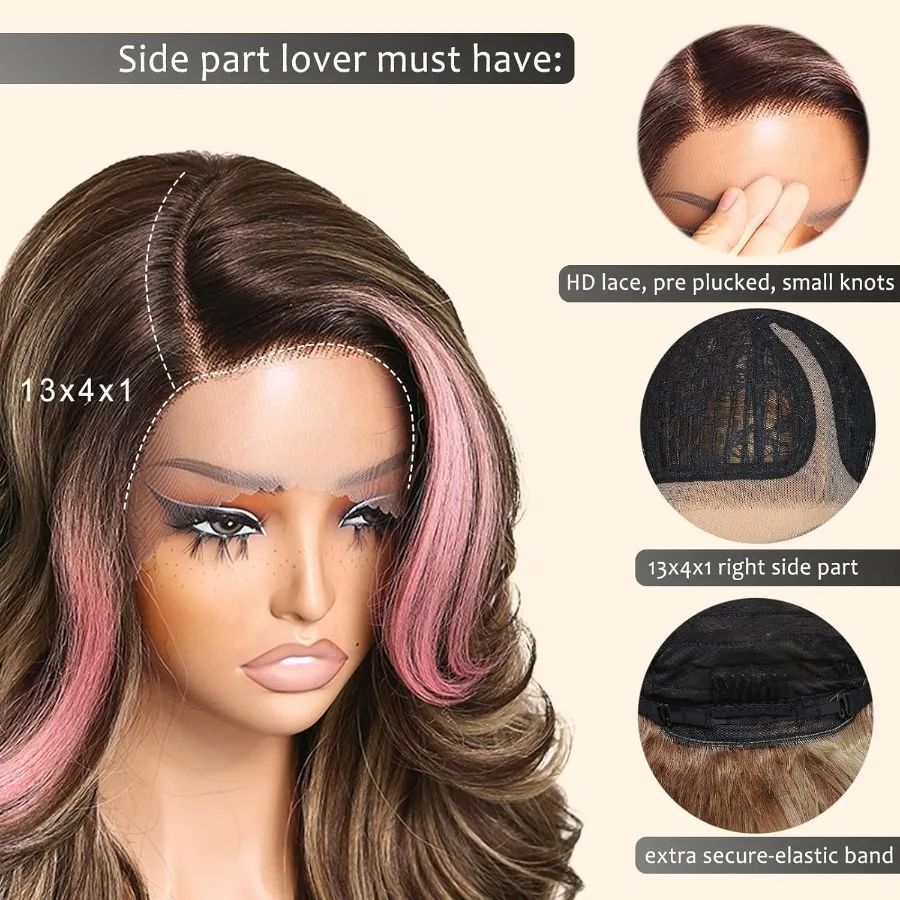 الوردي تسليط الضوء على الجسم موجة غلويليس الدانتيل الجبهة شعر مستعار اصطناعي للنساء السود 24 بوصة ارتداء ونمط الذهاب مظهر طبيعي سهل التصميم