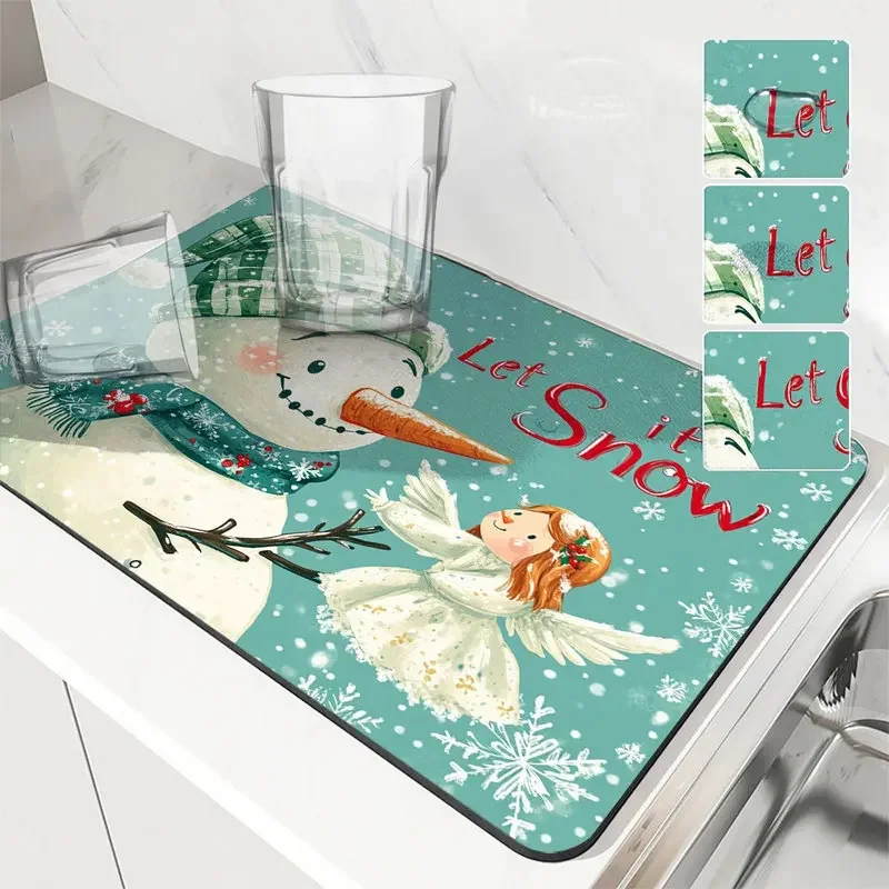 VIKAMA Let it Snow Snowman Green Plaid Hat Angel Placemat, Non Slip Waterproof Heat Resistant for Kitchen Christmas Home Decor