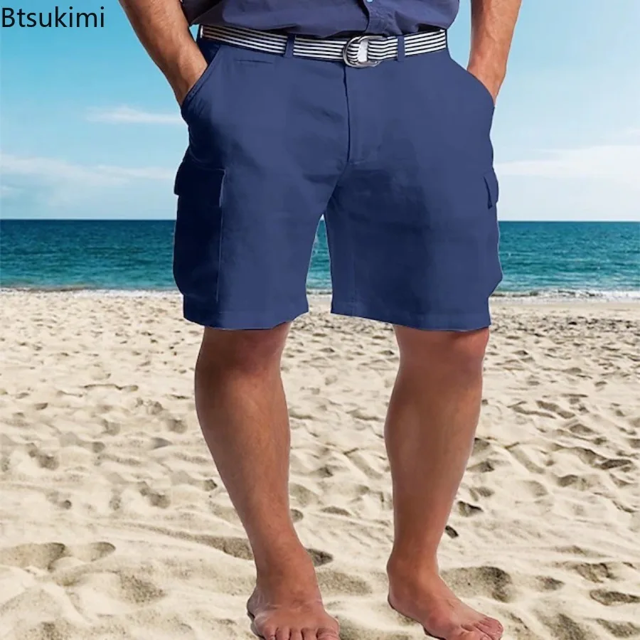 2025 High Quality Linen Shorts for Men Summer Fashion Solid Color Casual Baggy Shorts Multi Pocket Breathable Beach Shorts Male