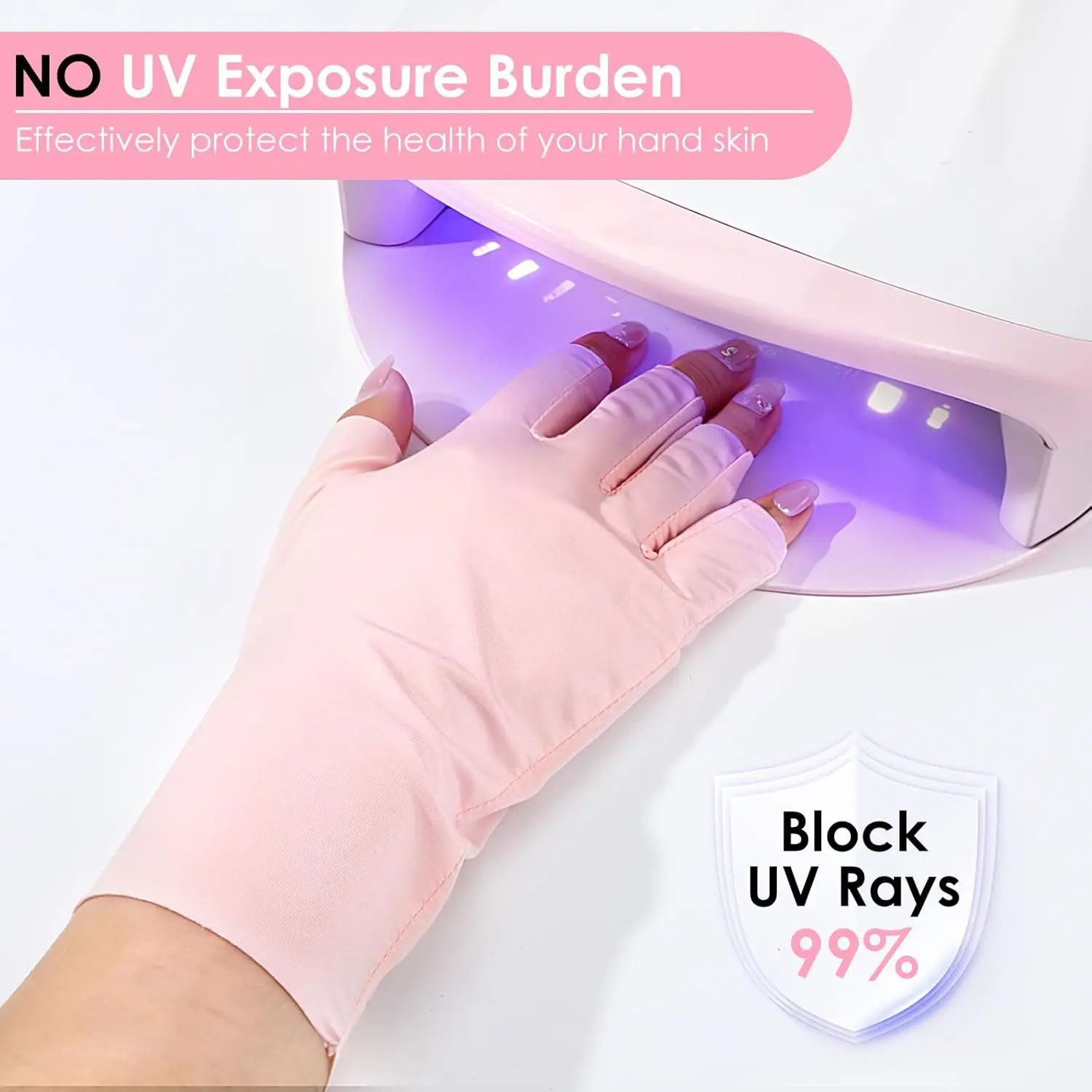 قفازات الأشعة فوق البنفسجية للأظافر، قفازات جل لفن الأظافر بدون أصابع تحمي من الأشعة فوق البنفسجية فوق البنفسجية (أسود + وردي)