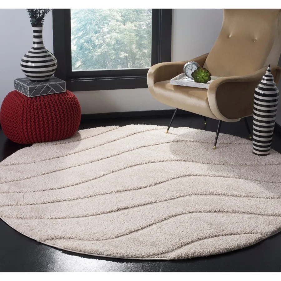 Florida Tabitha Geometric Waves Shag Area Rug Cream 5' x 5' Round
