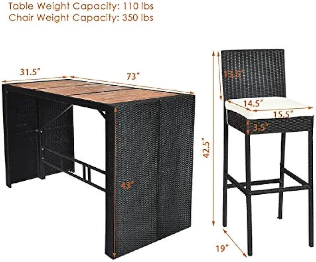 7-teiliges Outdoor-Korbmöbel mit Bartischplatte aus Akazienholz und abnehmbarem Kissen, Gesprächsset für Esszimmer, Terrassen