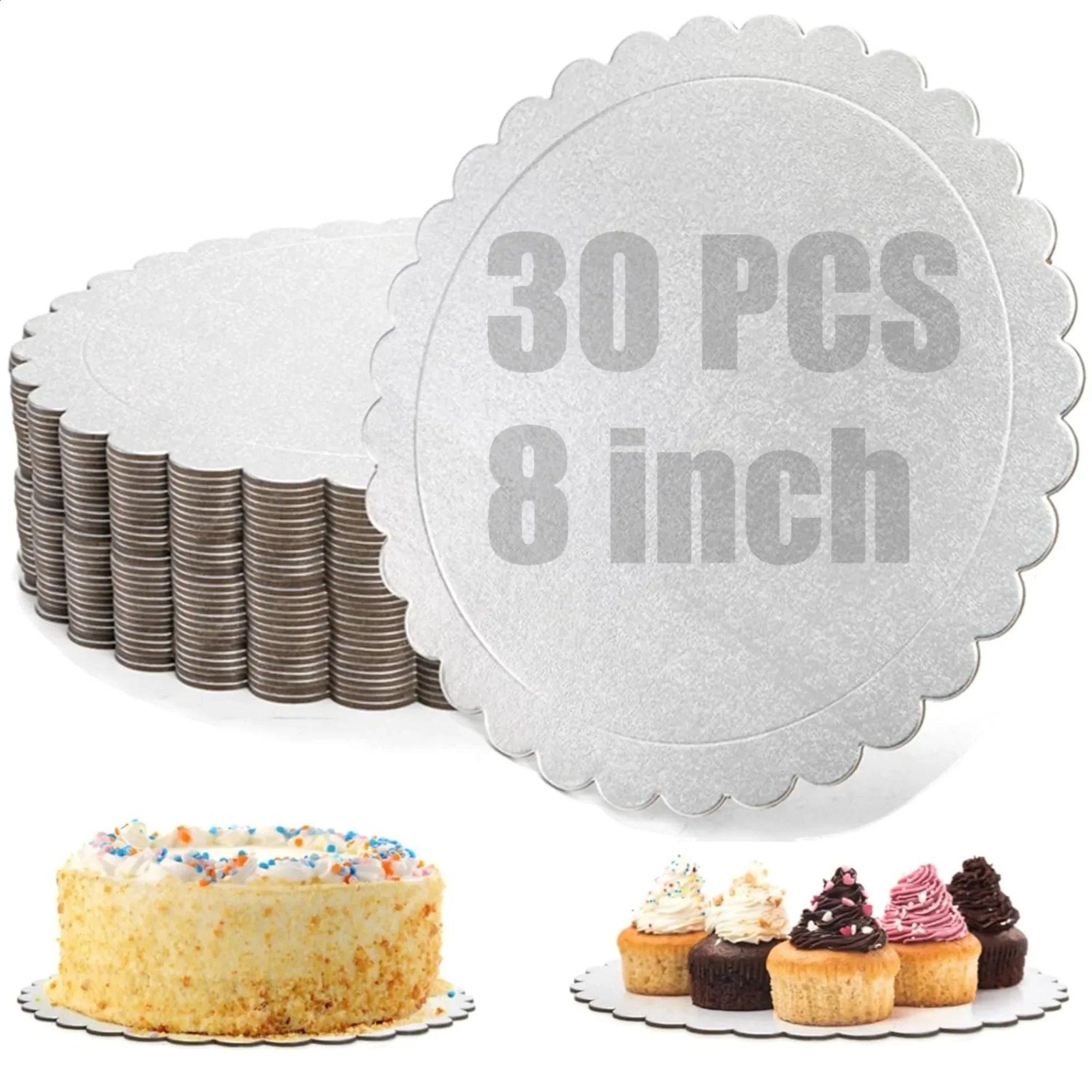 30pcs Round Cake Boards 6/8inch Premium Disposable Silver Cake Circles Cardboard for Wedding Birthday Cake Dessert Pizza Decorat