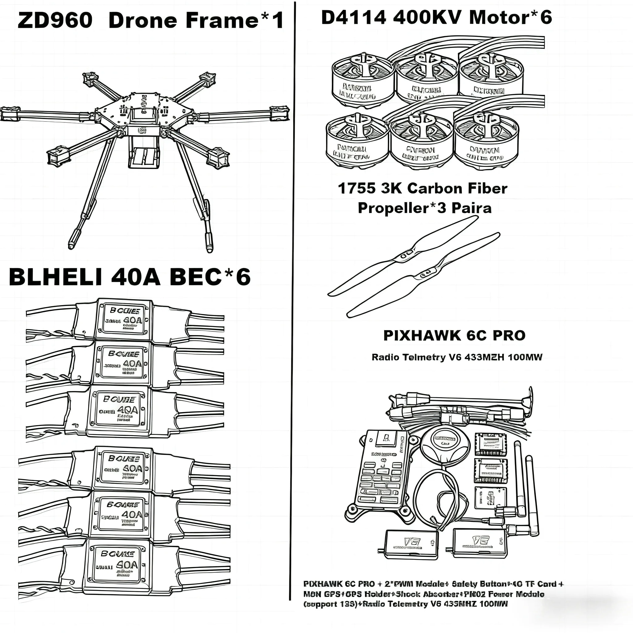 

HanNiu ZD960 PIXHAWK 6C PRO M8N M9N M10 Full Carbon Fiber Hexa-Rotor Frame BLHELI 40A ESC Flight Comtrol Rado Telemetry Set