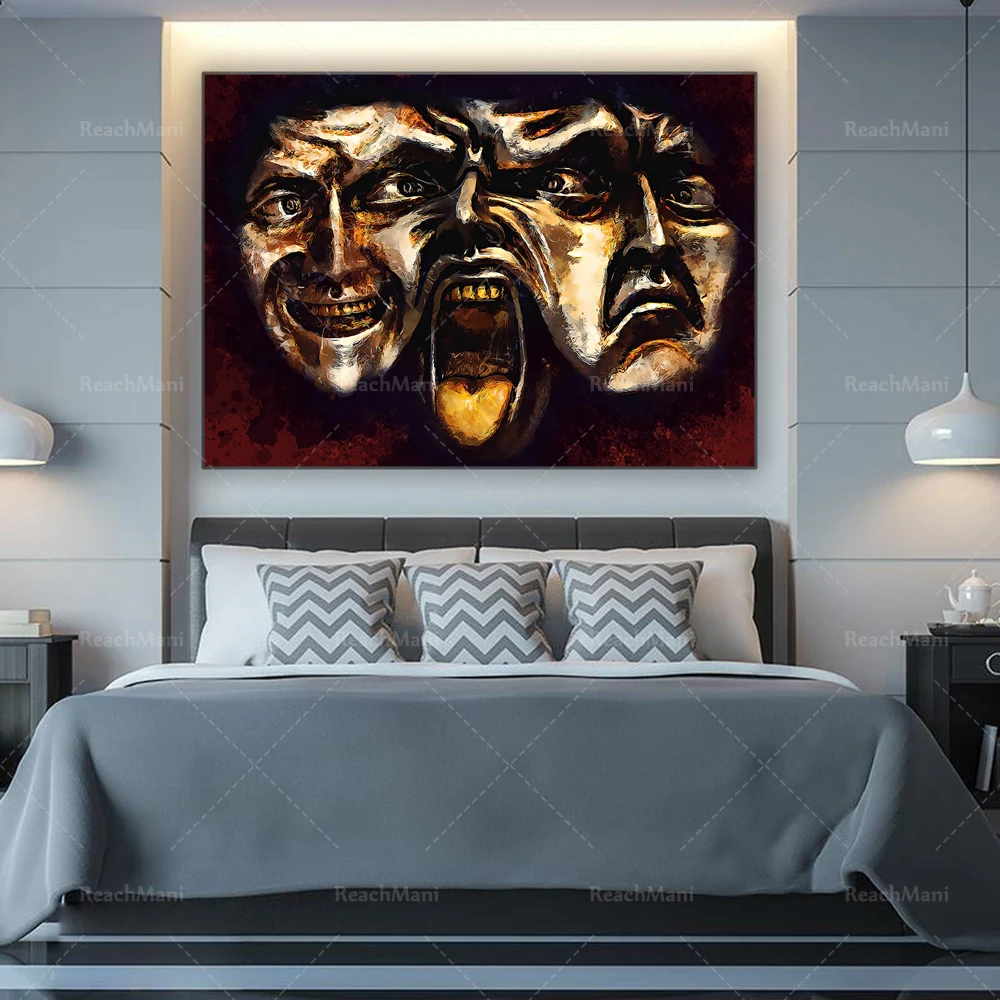 Theater Mask Prints Canvas Prints, Comedy and Tragedy Theater Masks Abstract Paintings, Theater Wall Decor Posters, Actor Gifts view 4