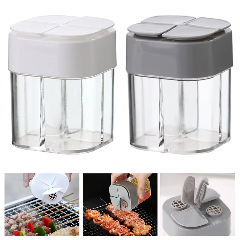 4 In 1 Camping Seasoning Jar Outdoor Cooking Grill BBQ Transparent Spice Dispenser 4 Compartment Salt Pepper Shaker Storage Box