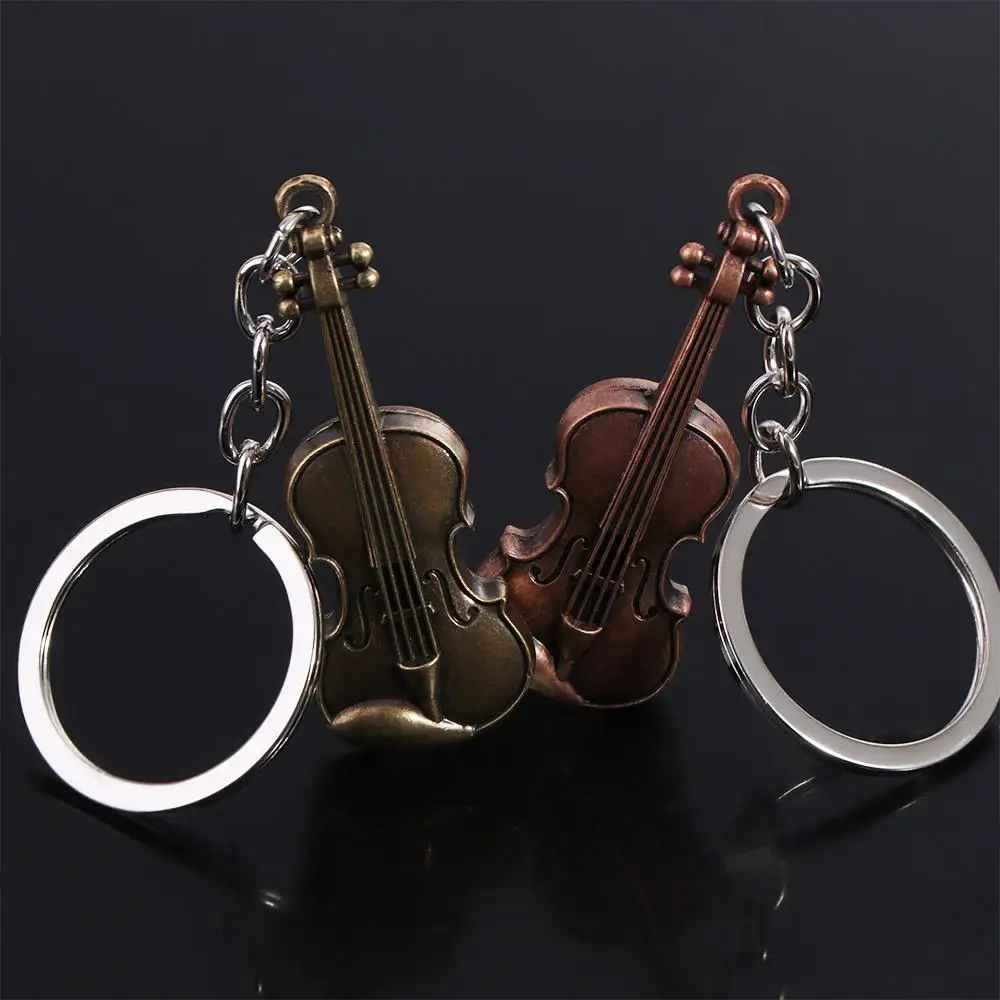 Copper Bronze Violin Key Chain Classical Mini Vintage Violin Keyring Bag Charm Cello Musical Instrument Pendant for Men Women