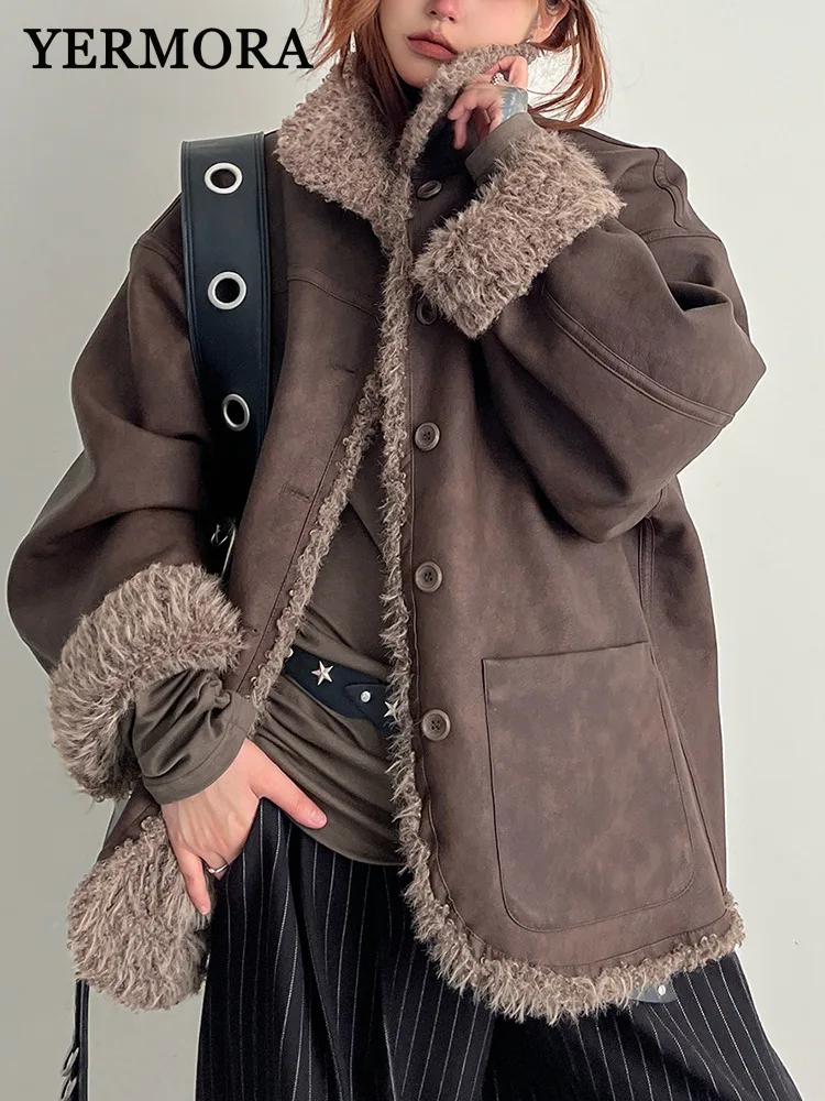 

YERMORA Coffee PU Leather Reversible Thick Jacket For Women Lapel Ling Sleeve Loose New Coat Fashion Tide Autumn Winter 2025