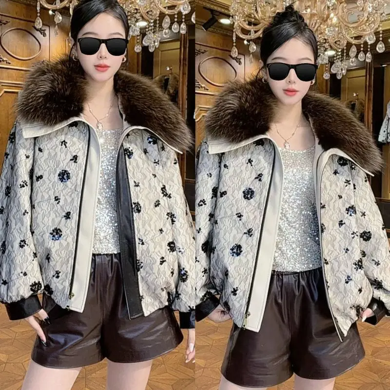 Jaet in pelle Thiened di lusso Faionable con colletto in pelliccia grande con fiori ricamati Cappotto caldo e casual per giovani...