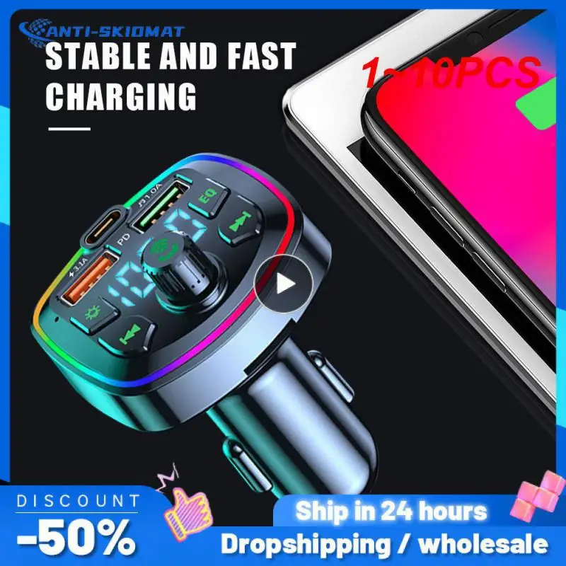 1~10PCS Car Bluetooth 5.0 Charger FM Transmitter PD 18W Type-C Dual USB 3.1A Colorful Ambient Light Cigarette Lighter MP3 Music