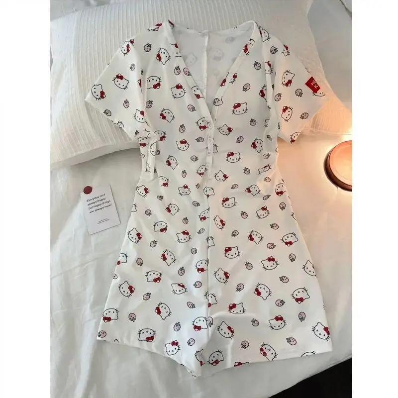 신상품 대형 사이즈 파자마 키티 고양이 프린트 파자마 여름 귀여운 원피스 홈웨어 면 반팔 점프수트 반바지